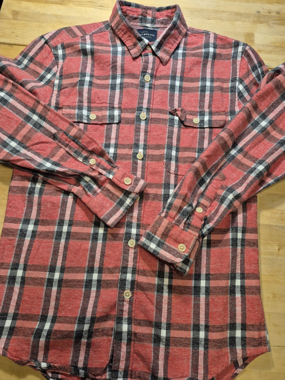 Lucky Brand Light Red and Black Plaid Button-Up Shirt